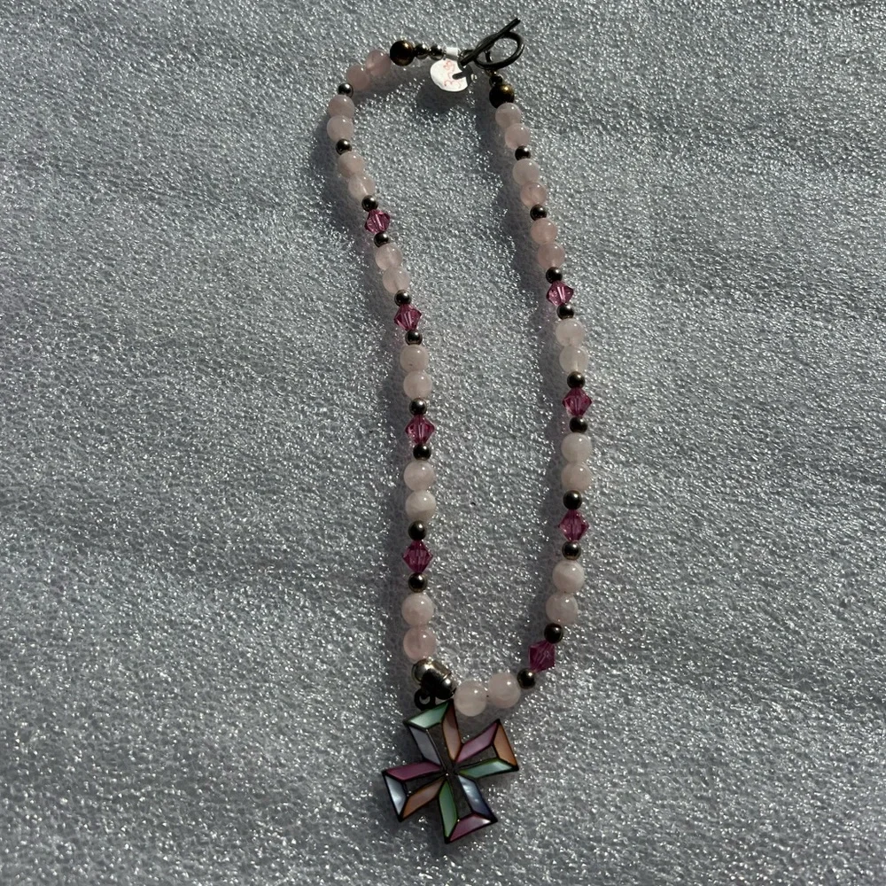 Vintage Handmade Crystal Natural Stone Mother of Pearl Pearlized Cross Necklace